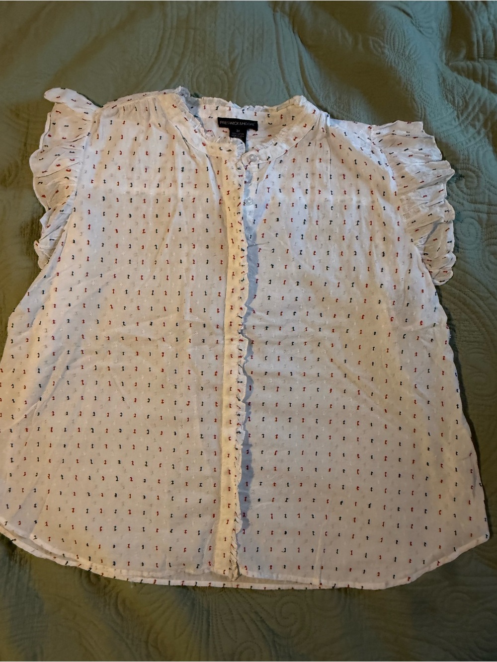 Preswick & Moore White Ruffle Sleeveless Blouse with Tiny Multi-Dot Print